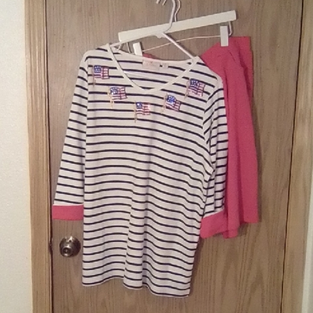 Quacker Factory Navy Striped  Tee with Flag Details With Red Shorts